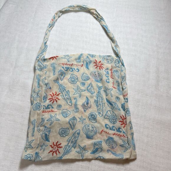Summer Free People Movement Linen Boho Coastal Reusable Tote Bag Red White Blue - Picture 1 of 3